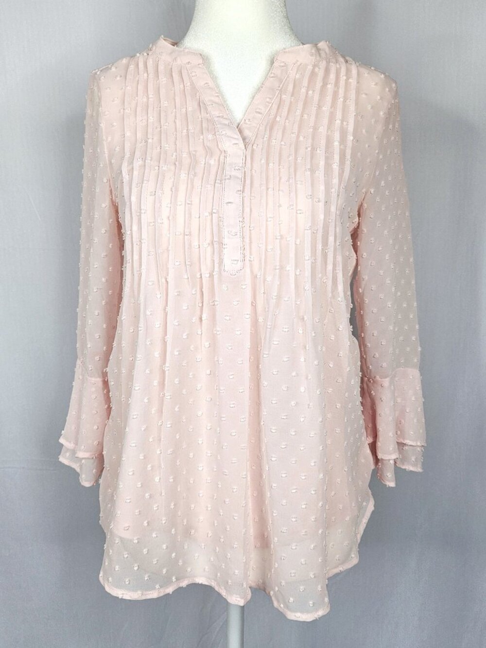 Charter Club | Swiss Dot Blouse | Pink | Pleated V Neck I Size Petite P